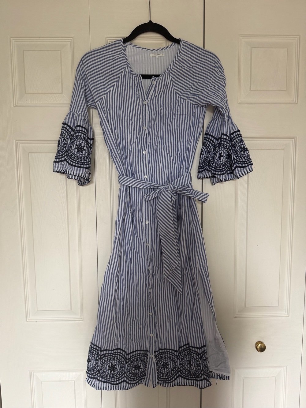 Tularosa Blue & White Striped Tie-Waist Midi Dress with Embroidered Trim